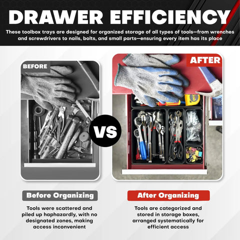 Before and after comparison of 69 Piece Tool Box Organizer Tray Divider Set For Drawer Organization And Workbench Storage With Interlocking Plastic Dividers In Five Sizes XS S M L XL For Quick Access Tidy Drawers And Max Space showing cluttered and organized tool drawers.