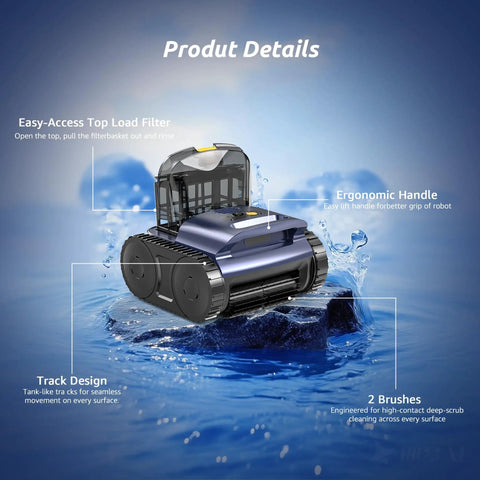 Cordless Robotic Pool Cleaner With 180 Minute Runtime For Inground Pools Wall And Waterline Climbing Auto Vacuum No Cord Hassles Thanks To Smart Sonar Navigation Cleans Up To 2,150 Sq Ft Per Charge with ergonomic handle and top load filter on a pool surface.