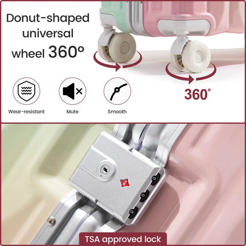 Go To 20 Inch Carry On Luggage With Spinner Wheels And USB Port, aluminum frame PC shell, TSA lock close-up, colorful finish