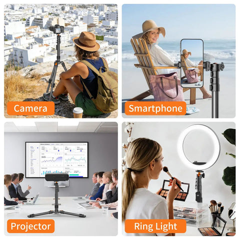 75 Inch Extendable Camera Tripod With Remote Shutter And 360 Degree Ball Head holding camera, phone, projector, ring light