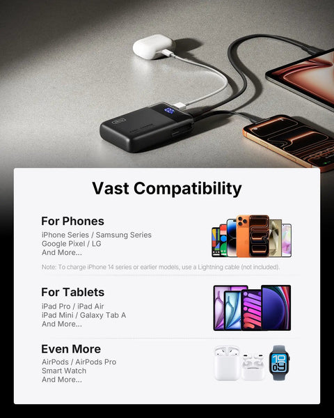Hella Compact 20000mAh Power Bank With 45W Fast Charging connecting to devices on a gray surface, showcasing compatibility.