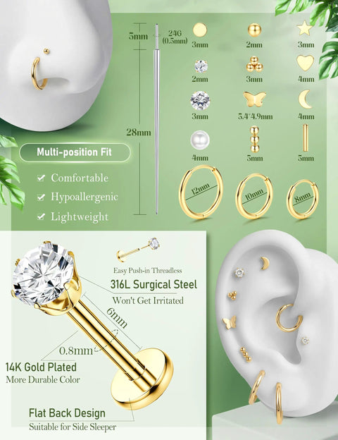 Threadless Flat Back Stud Earrings For Women And Men, 14K Gold Plated 20G, No Screw Push In Design, Easy Cartilage Piercing Jewelry For Everyday Wearing showing 5mm bar, 6mm length, 12mm hoops