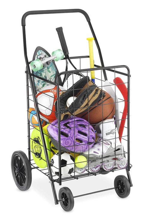 Beast Large Utility Foldable Shopping Cart With Wheels full of sports gear, showing steel frame and foam handle, black