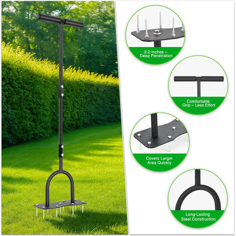 Manual Lawn Aerator Spike Tool With Nine Two Point Two Inch Iron Spikes For Deep Soil Aeration in yard with features inset