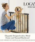 Rock Solid Wooden Dog Gate With Walk Through Swing For Indoor Puppy Protection And Pressure Mount Setup Secures Easily Against Walls And Stairs Like A Glove Without Drills with a smiling woman and a golden retriever.