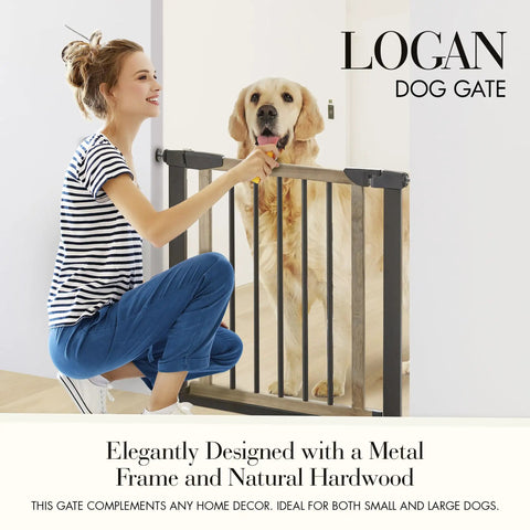 Rock Solid Wooden Dog Gate With Walk Through Swing For Indoor Puppy Protection And Pressure Mount Setup Secures Easily Against Walls And Stairs Like A Glove Without Drills with a smiling woman and a golden retriever.