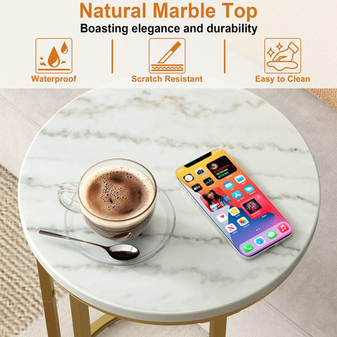 Top view of Marble Top C Shaped End Table With Gold Metal Frame, displaying coffee cup and smartphone on the marble surface.