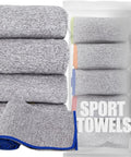 Five Pack Quick Dry Microfiber Gym Towels For Sweat, grey 16x27 inches, folded stack with color-coded edges