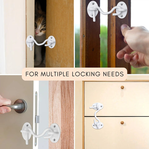 3-Inch Heavy Duty Hook And Eye Latch Set, 2 Pack With 8 Mounting Screws, White Powder Coated Stainless Steel Barn Door Lock in use