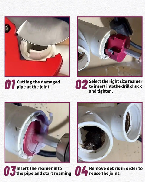 Steps for using PVC Pipe Reamer Kit With 6 Size Set 3/4 Inch to 4 Inch Carbide Inserts, showing reamer insertion and debris removal.