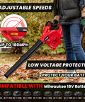 Cordless Leaf Blower And Vacuum, Brushless Motor, Six Variable Speeds Up to 180 MPH, shown in yard, M18 battery compatibility displayed