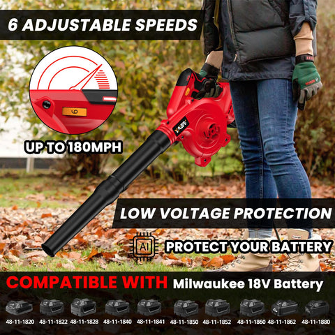 Cordless Leaf Blower And Vacuum, Brushless Motor, Six Variable Speeds Up to 180 MPH, shown in yard, M18 battery compatibility displayed