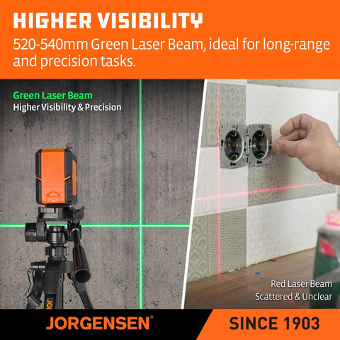 Pro Grade Laser Level With Tripod, 100 Ft Range, Dual Module Self Leveling Cross Line showing bright green laser lines