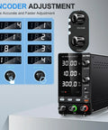 Variable DC Power Supply 30V 10A 300W Lab Bench Charger with dials and digital display, close-up of encoder adjustment panel.