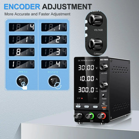 Variable DC Power Supply 30V 10A 300W Lab Bench Charger with dials and digital display, close-up of encoder adjustment panel.
