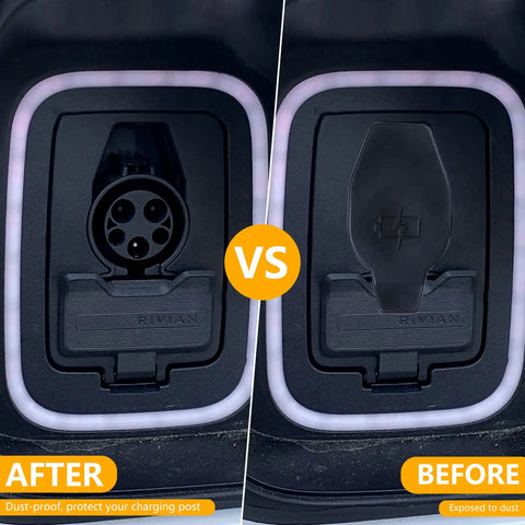 Heavy Duty Charging Port Dust Plug For Rivian R1t And R1s 2022 2023 2024 2025 shown blocking dust in comparison image.