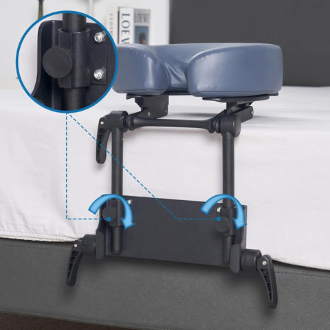 Home Mattress Top Massage Kit in Royal Blue with Adjustable Height from 3 to 17 Inches, attached to bed with headrest cushion