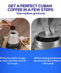 Electric Moka Pot 6 Cup Cuban Espresso Maker With Detachable Base, shown with funnel being filled with coffee for brewing.