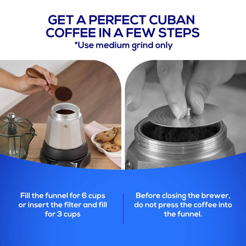 Electric Moka Pot 6 Cup Cuban Espresso Maker With Detachable Base, shown with funnel being filled with coffee for brewing.