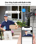 Delivery man on porch with 1080p HD-TVI Security Camera For Indoor Outdoor Use With Audio Recording highlighting features on phone screen