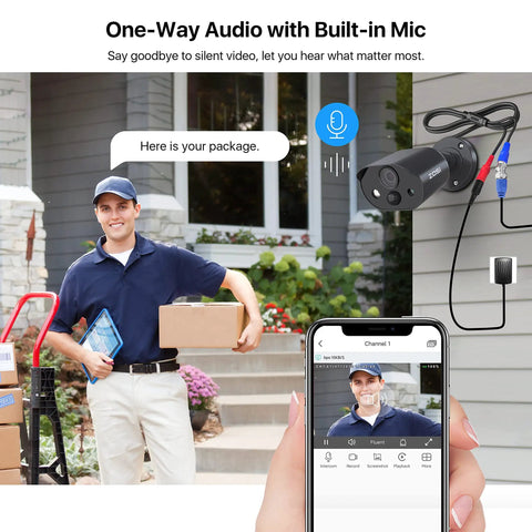 Delivery man on porch with 1080p HD-TVI Security Camera For Indoor Outdoor Use With Audio Recording highlighting features on phone screen