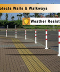 Heavy Duty 32 Inch Stainless Steel Safety Bollards With Bright Reflective Tape Removable Parking Posts For Driveways And Sidewalks Includes Six Concrete Anchors Rock Solid 2 Pack displayed along a sidewalk.