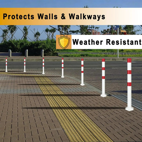 Heavy Duty 32 Inch Stainless Steel Safety Bollards With Bright Reflective Tape Removable Parking Posts For Driveways And Sidewalks Includes Six Concrete Anchors Rock Solid 2 Pack displayed along a sidewalk.