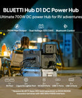 Image of the BLUETTI Hub D1 DC Power Hub showcasing its 700W power, ports, and Bluetooth control for RV use.