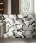 Bathroom wall with Marble Peel And Stick Backsplash Tiles 12x12 Inches Waterproof PVC Self Adhesive Wall Panels in metallic gray.