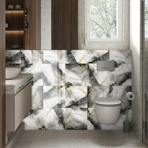 Bathroom wall with Marble Peel And Stick Backsplash Tiles 12x12 Inches Waterproof PVC Self Adhesive Wall Panels in metallic gray.