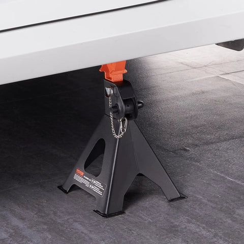 Beefy 3 Ton Car Jack Stands With Double Locking Adjustable Height From Ten Point Eight To Sixteen Point Three Inches in use under vehicle
