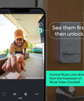 Keyless Entry Smart Door Lock With WiFi And Bluetooth on door beside phone showing live video, auto lock feature visible.