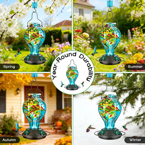 Hand Blown Glass Hummingbird Feeder For Outdoors Hanging 24oz Nectar Bottle With Ant Moat Perch Bee Resistant Ports