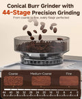 Close-up of grinder on Espresso Machine With Built In Grinder And Milk Frother, 190-201F Temp Control, 44 Grind Settings