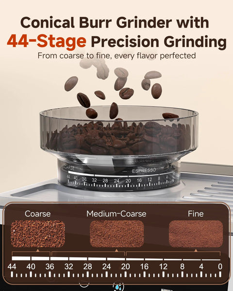Close-up of grinder on Espresso Machine With Built In Grinder And Milk Frother, 190-201F Temp Control, 44 Grind Settings