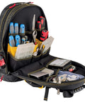 Open 18-Inch Pro Tool Backpack With 32 Pockets For Gear Storage, Heavy-Duty 1680D Water-Resistant Polyester, filled with tools