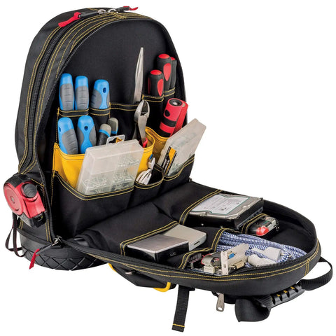Open 18-Inch Pro Tool Backpack With 32 Pockets For Gear Storage, Heavy-Duty 1680D Water-Resistant Polyester, filled with tools