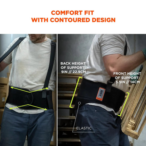ProFlex 1600 Back Support Brace With 9 Inch Extended Support worn by person lifting object, focus on adjustable suspenders