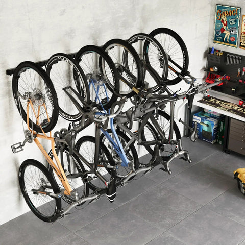 Heavy Duty Wall Mounted Bike Rack With Six Adjustable Hangers On A 78.5 Inch Rail Ultra Strong Steel Garage Storage Solution
