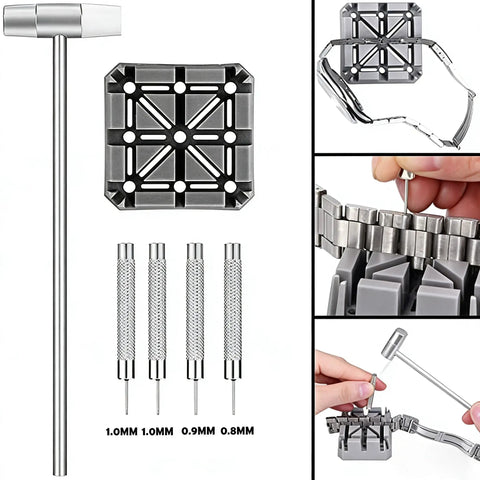 Watch Band Link Pin Remover And Repair Tool Kit, 24 In 1 Set with dual head hammer, pin remover, and watch holder in use