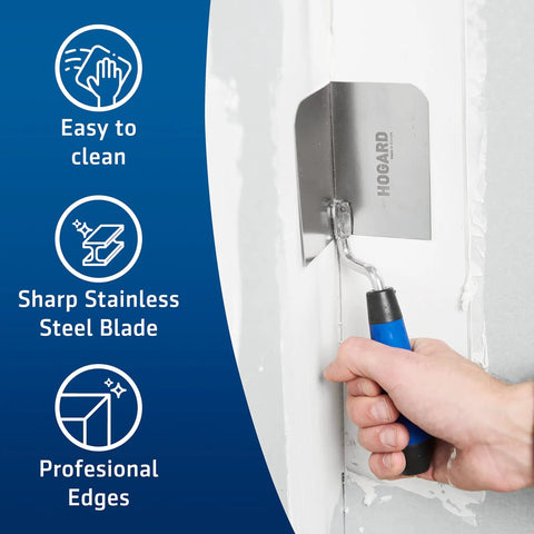 Using Pro Grade Inside Corner Drywall Trowel with Stainless Steel Blade and Soft Grip Handle on a drywall corner