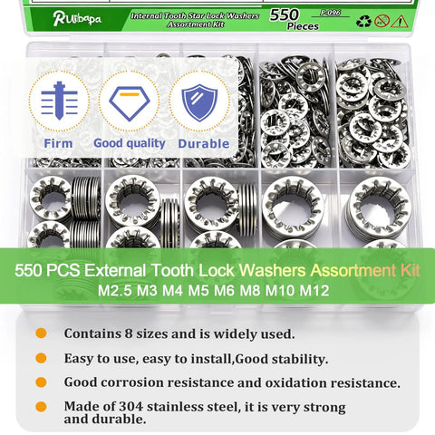 Internal Tooth Star Lock Washers Assortment Kit 550 Pcs M2.5 M3 M4 M5 M6 M8 M10 M12 Stainless Steel 304 Kit Displayed
