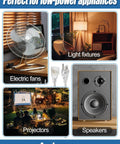 Clear 3 Prong Extension Cord, 10 Ft Indoor Power Cable, 3 x 18 AWG displayed with fans, lamps, projectors, and speakers.
