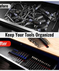 Comparison showing tools disorganized in a drawer versus organized using a magnetic screwdriver and wrench organizer with aluminum rail, 36 slots.