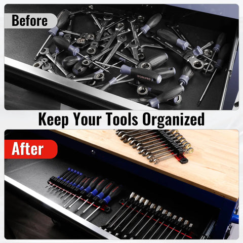 Comparison showing tools disorganized in a drawer versus organized using a magnetic screwdriver and wrench organizer with aluminum rail, 36 slots.