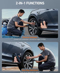 Illustration of using a Digital Tire Pressure Gauge With Inflator And Heavy Duty Air Chuck Rubber Hose And Quick Connect For Cars And Trucks All In One Tool Accurate To 1 Percent 3-250 PSI Display Four Units Psi Bar Kpa Kg Cm2 Blue on a car tire showing 2-in-1 functions with control inflation and deflation