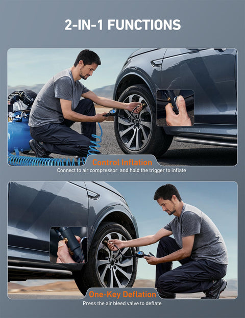 Illustration of using a Digital Tire Pressure Gauge With Inflator And Heavy Duty Air Chuck Rubber Hose And Quick Connect For Cars And Trucks All In One Tool Accurate To 1 Percent 3-250 PSI Display Four Units Psi Bar Kpa Kg Cm2 Blue on a car tire showing 2-in-1 functions with control inflation and deflation
