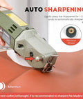 Dive into heavy duty sewing projects with this electric rotary fabric cutter demonstrating auto sharpening feature.