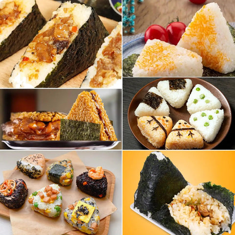 Various rice balls shaped with Triangle Rice Ball Molds 2 Pack Large Do It Yourself Sushi Makers Kit For Lunch Bento Easy