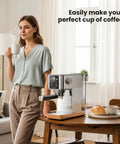 Solid Build 20 Bar Semi Automatic Espresso Machine With Pro Grade Milk Frother Led Display Adjustable Shot Volume Heavy Duty Stainless Steel Home Coffee Maker Zero Hassle Brewing next to a woman holding a cup.